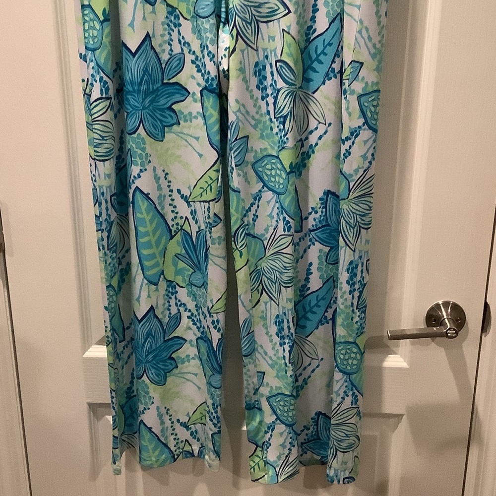 Misses/ladies Wide Legged Floral Dress Print Lounge Pants - Blue & Green - Picture 2 of 4